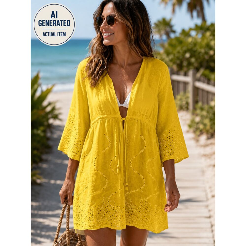 Diane von Furstenberg Kleio Yellow Linen Eyelet Swim Cover Up Dress M B1008113P9